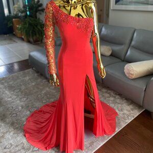 Red One Shoulder Beaded Mermaid Prom Dress Size 6 | Coral Formal Gown with Slit